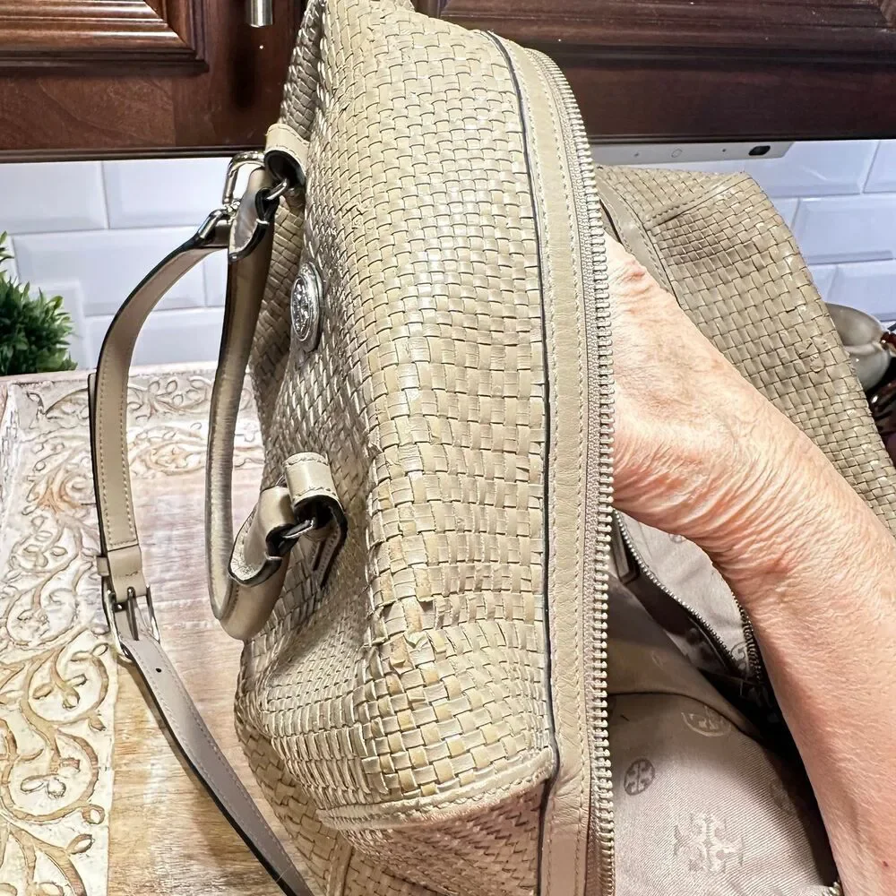 TORY BURCH ROBINSON WOVEN SOFT SATCHEL FRENCH GRAY